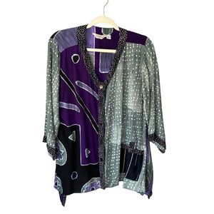 Lyng Womens M Purple Green Abstract Batik Art to Wear Button Front Tunic Top